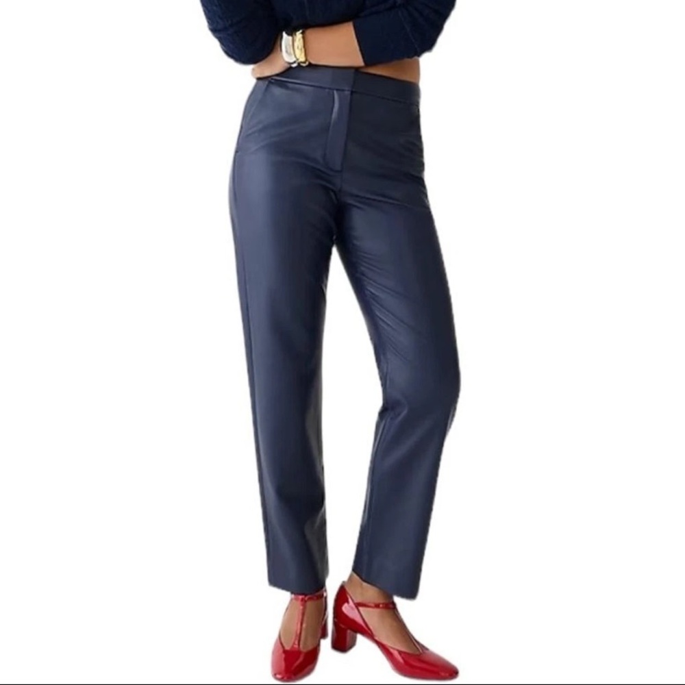 NWT J Crew Kate Straight Leg Pant in Faux Leather Navy 2P 2 Petite $158 BU142